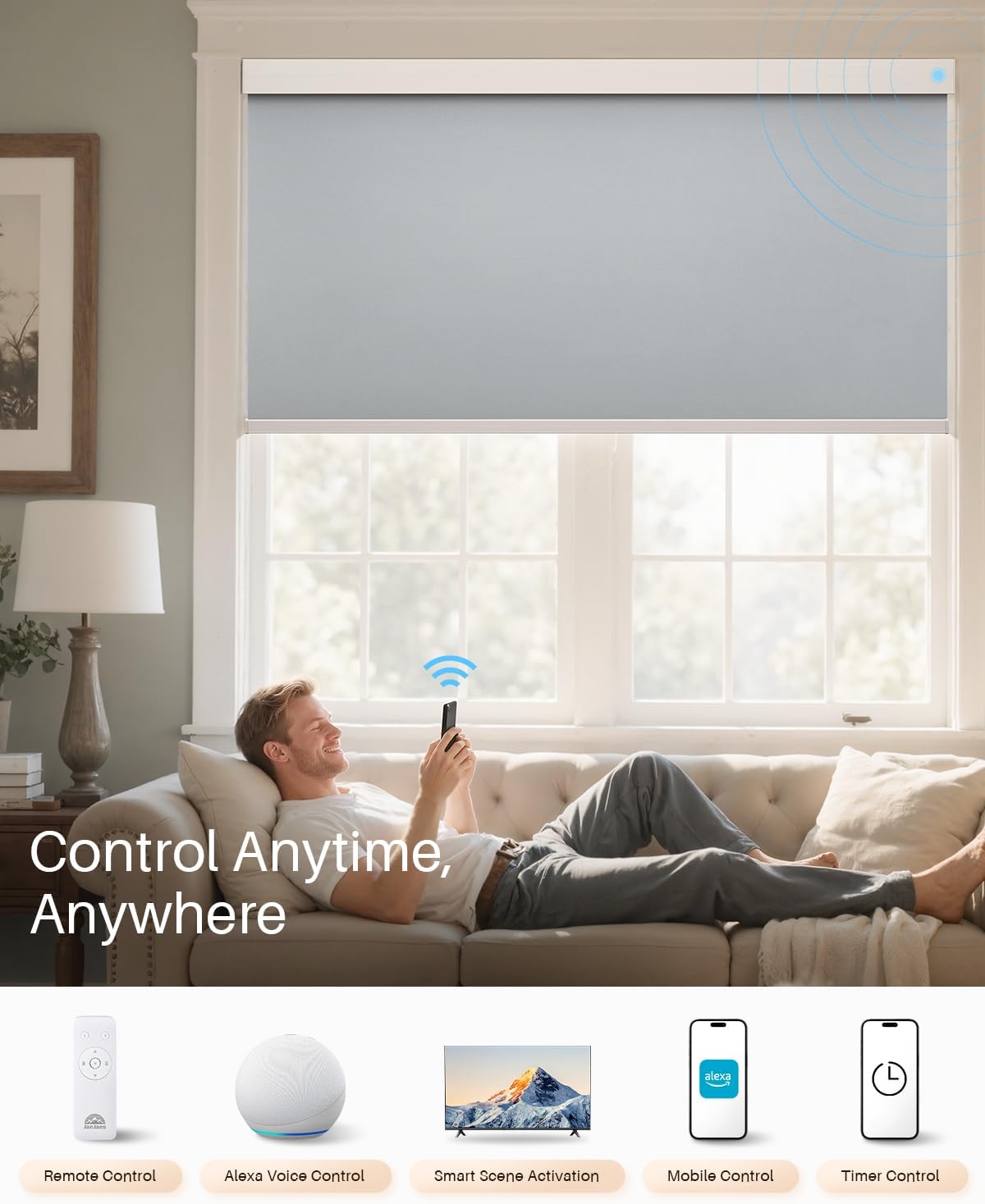 Smart Roller Shades for Windows, Alexa Blackout Motorized Blinds with Remote Control, Easy Install Automatic Electric Blinds for Indoor (38" W x 72" H, Gray Fabric & White Shell)