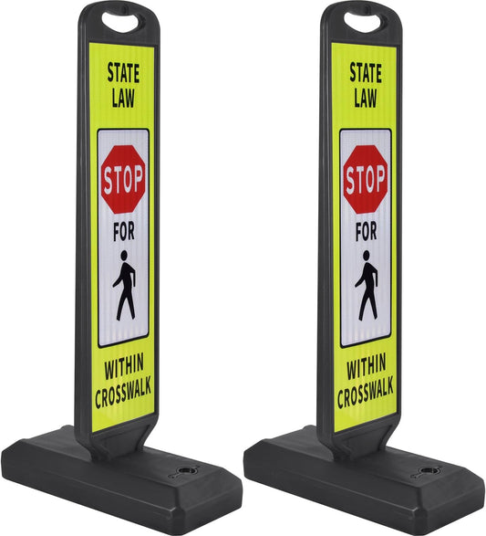 2 Pack 43" x 9.6" inch Double Sided Pedestrian Crosswalk Sign, 21.8" x 9.6" x 4" Durable HDPE Water Filled Base, Portable High Visibility Reflective Traffic Safety Parking STOP Signs (Yellow Green-2Pack)