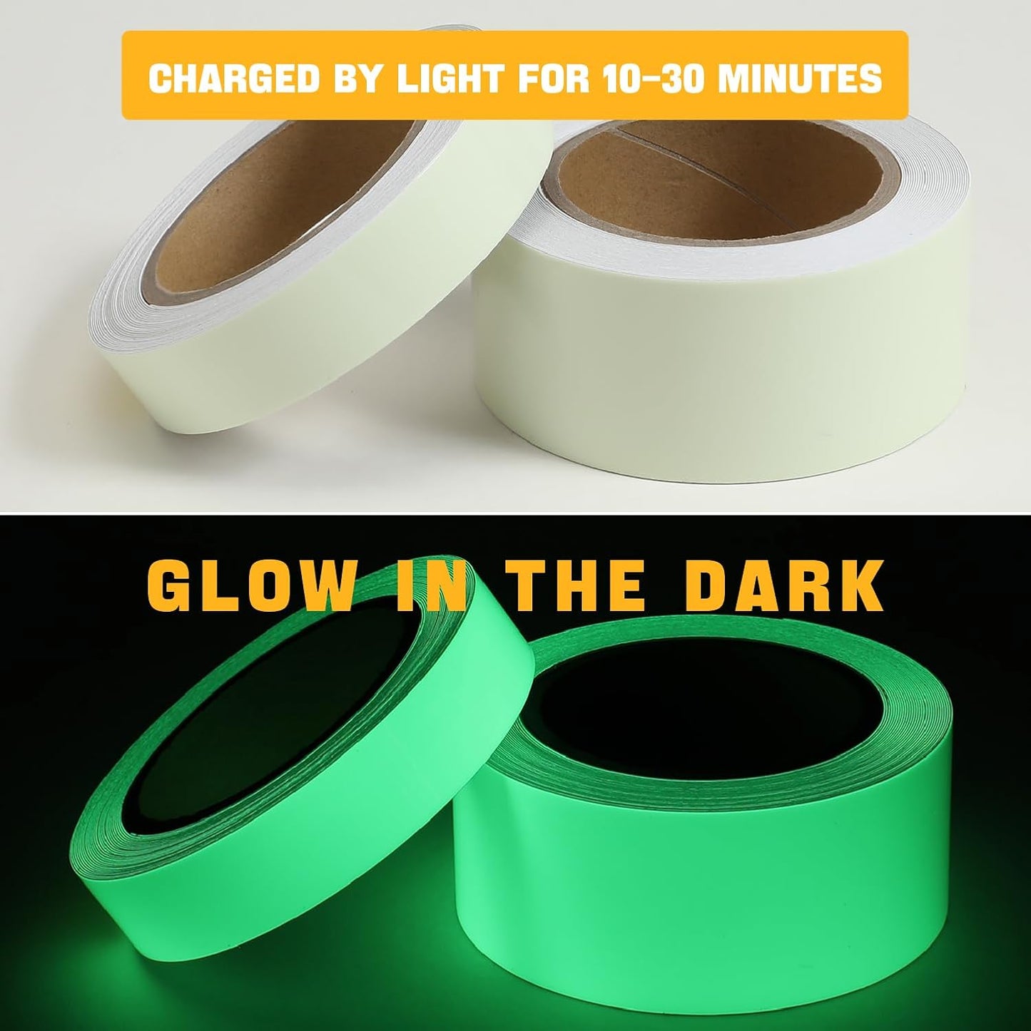 High Brightness Glow in The Dark Tape for Safety Marking, Art Craft DIY, Christmas Deco and Party Accessories. Non-Toxic Adhesive, Waterproof Rechargeable Luminous Tape (1 in X 30 ft)