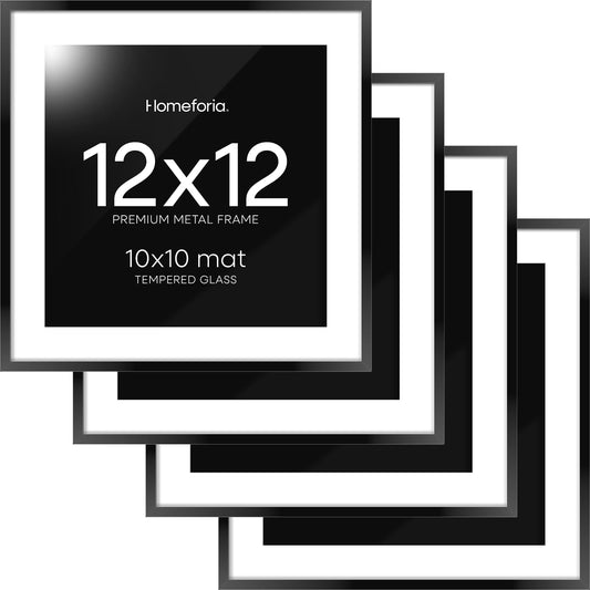 Homeforia Black 12x12 Picture Frames, High End Metal 12 x 12 Square Poster Frame with Mat 10 x 10 Photo, 12x12 Black Frame Matted to 10x10 Print, 12by12 Thin Frames, Tempered Glass, Wall Kit, Set of 4