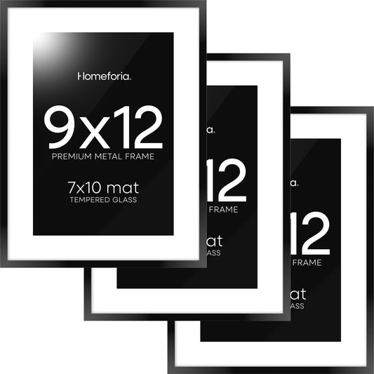 Homeforia 9x12 Picture Frame Black, High End Metal 9 x 12 Poster Frames with Mat 7 by 10 inch Photo, 9by12 Frame Matted to 7x10 in Art, 12x9 Wall or Tabletop Frames, Tempered Glass, Wall Kit, Set of 3