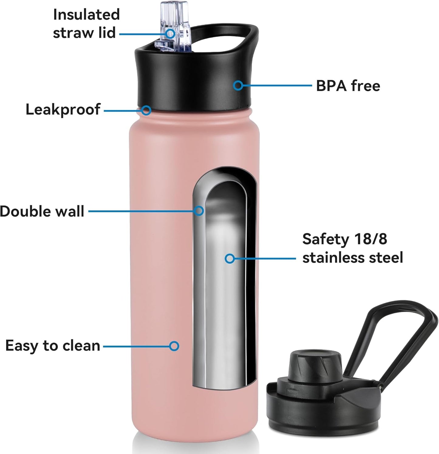 VEGOND 32 oz Insulated Water Bottle Bulk Stainless Steel Metal Water Bottles with Leak Proof Straw Lid & Spout Lid, Wide Mouth Double Walled Vacuum Travel Sports Bottle, 4 Pack
