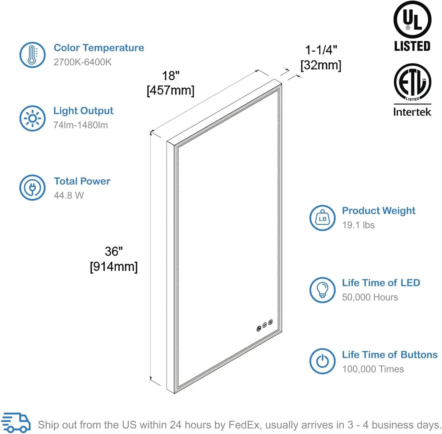 18x36 Inch LED Bathroom Mirror with Matte Black Frame| Wall Mounted Backlit Vanity Mirror with Lights | Anti-Fog, 3 Color Dimmable Smart Bathroom LED Mirror | Frame Vanity Mirror for Makeup