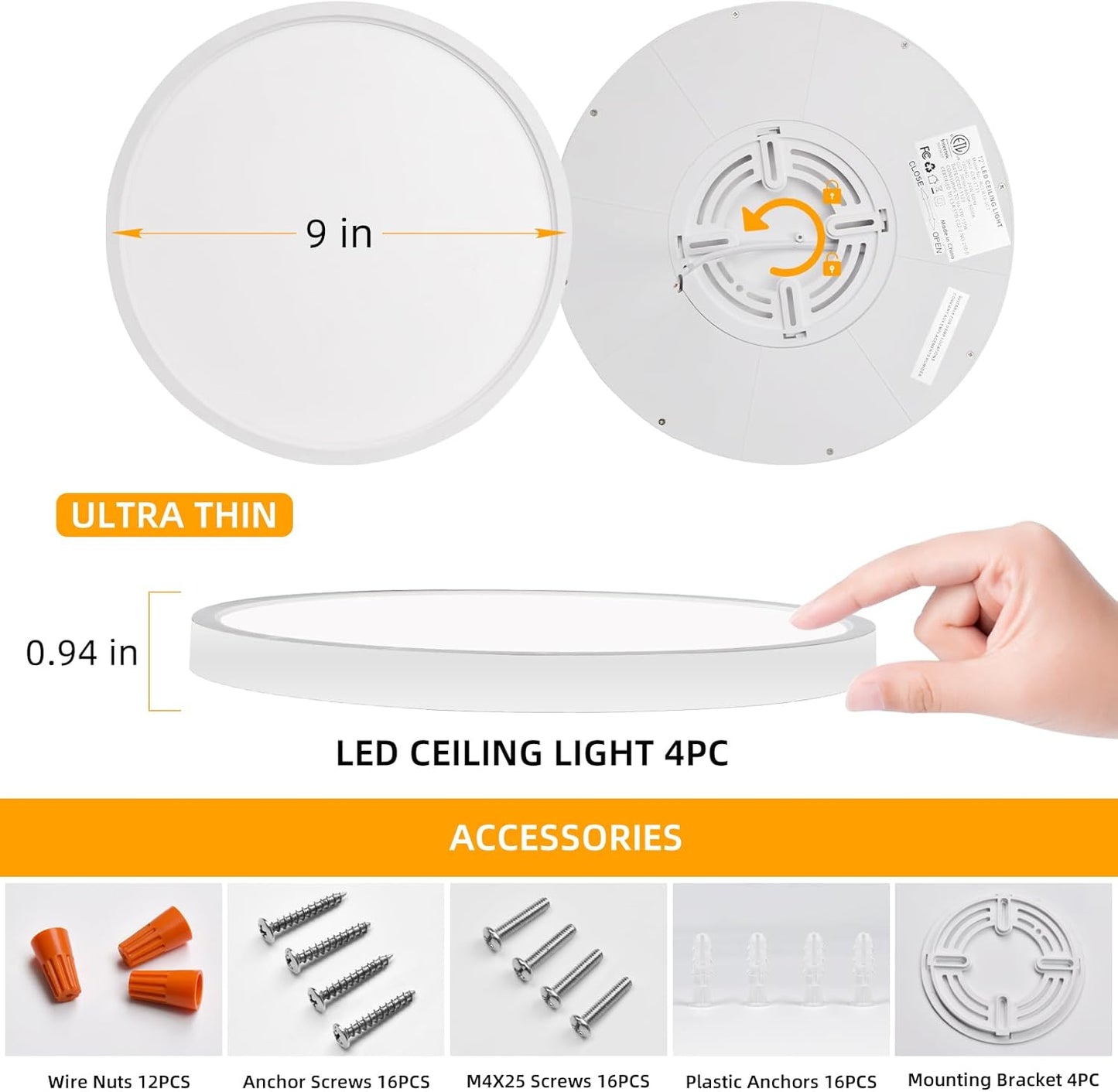 Hlite 4pack 9 Inch Flush Mount LED Ceiling Light Fixture,18W 1800LM Super Slim Light Fixtures Ceiling Mount 3000K/4000K/5000K 3CCT Selectable,Light Fixtures for Kitchen,Bedroom (White)