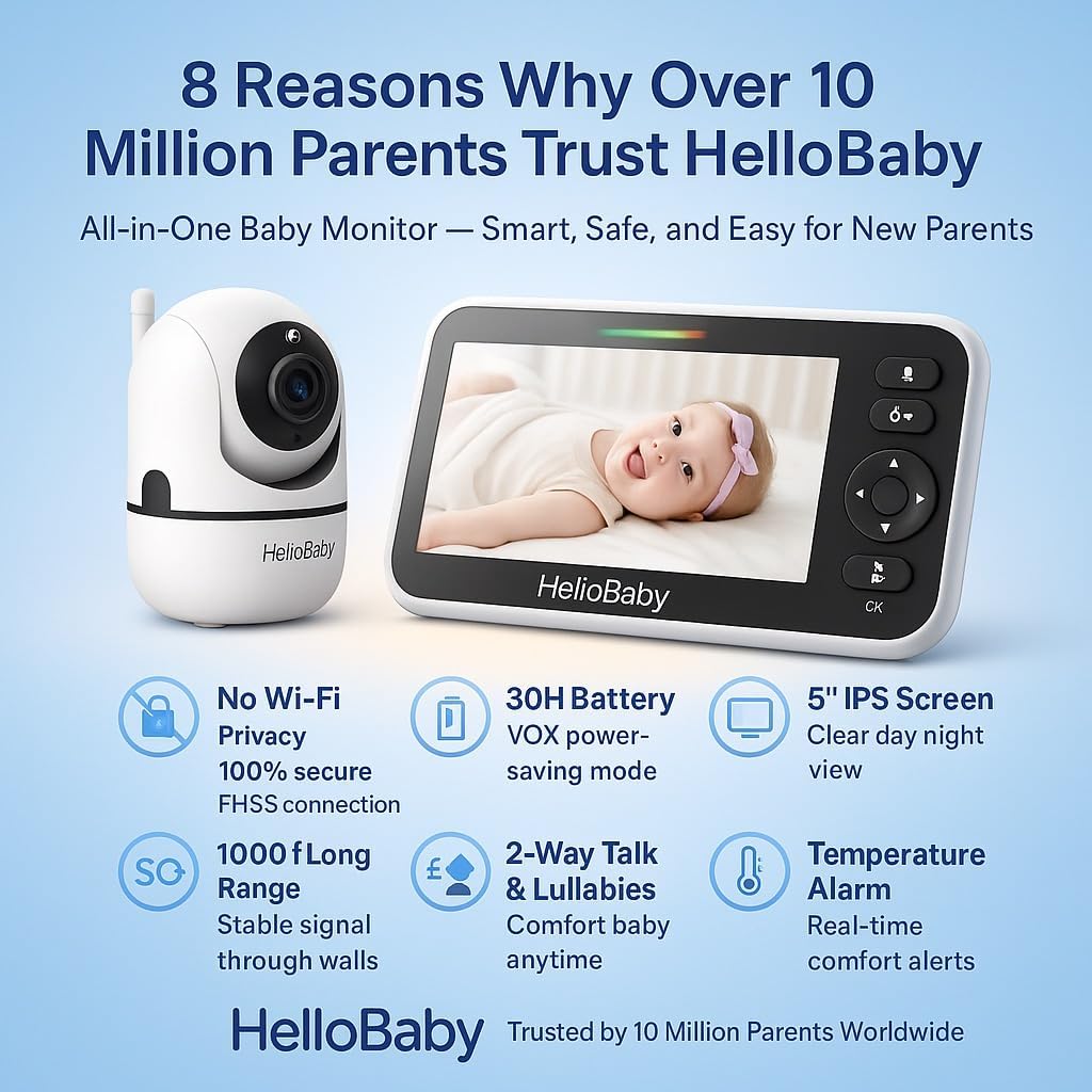 HelloBaby 5" Screen Baby Monitor with 3 Cameras - No WiFi HB6550 Video Baby Monitor, 1000ft Long Range, ECO, 26 Hour Battery, Pan-Tilt-Zoom Night Vision, Temperature Sensor & 2-Way Audio, 8 Lullabies