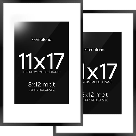 Homeforia 11 x 17 Picture Frame Black, High End Metal 11x17 Poster Frames with Mat 8x12 for Photo, 11 x 17 Black Frame Matted to 8 x 12 inch Print, 17x11 Thin Frame, Tempered Glass, Wall Kit, Set of 2
