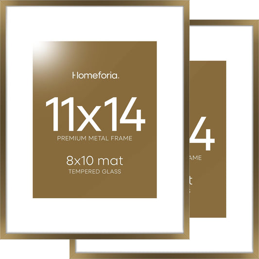 Homeforia 11x14 Bronze Picture Frame, High End Metal 11x14 Brass Frame with Mat 8x10, 11 x 14 Poster Frames Matted to 8 x 10 inch Photo, 11 by 14 Bronze Thin Frames, Tempered Glass, Wall Kit, Set of 2