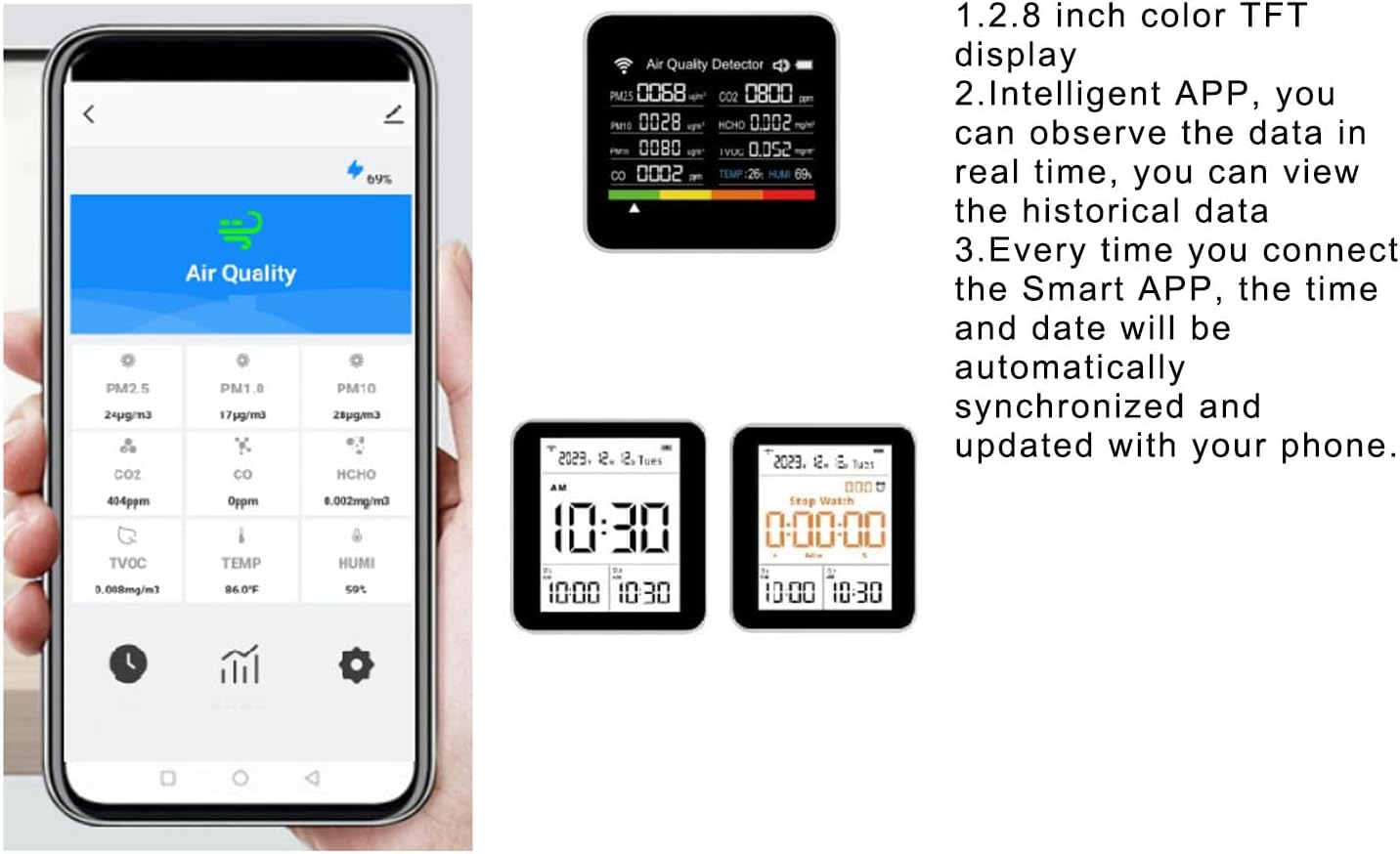14 in 1 Air Quality Monitor Indoor with High Precision Sensors, 2.8 Display Screen, 14 Functions, Air Quality Detector for pm2.5, Vocs, Temperature, and Humidity