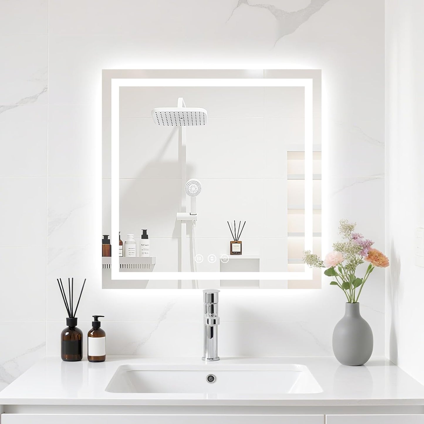 24X24 LED Bathroom Mirror with Lights, Anti-Fog, Backlit + Front Lit (CRI>90), Lighted Bathroom Vanity Mirror for Wall, Memory Function, Dimmable, Tempered Glass, Shatter-Proof