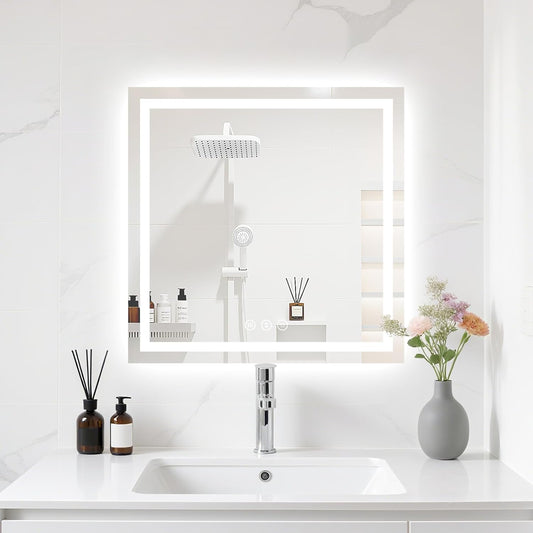 24X24 LED Bathroom Mirror with Lights, Anti-Fog, Backlit + Front Lit (CRI>90), Lighted Bathroom Vanity Mirror for Wall, Memory Function, Dimmable, Tempered Glass, Shatter-Proof