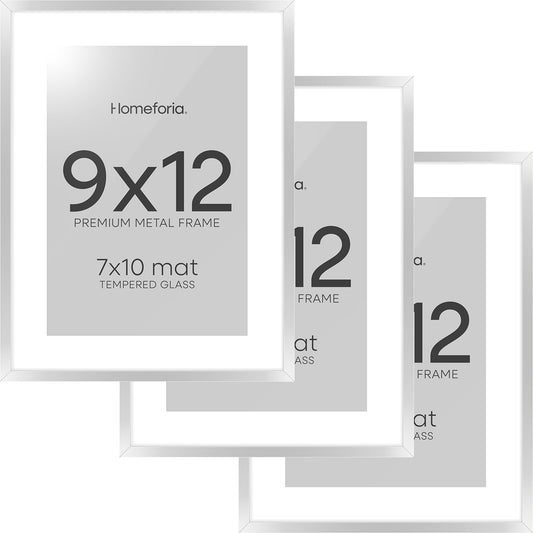 Homeforia 9x12 Picture Frame Silver, High End Metal 9 x 12 Frames with Mat 7 by 10 inch Photo, 9by12 Poster Frame Matted to 7x10 Print, 12x9 Wall or Tabletop Frames, Tempered Glass, Wall Kit, Set of 3
