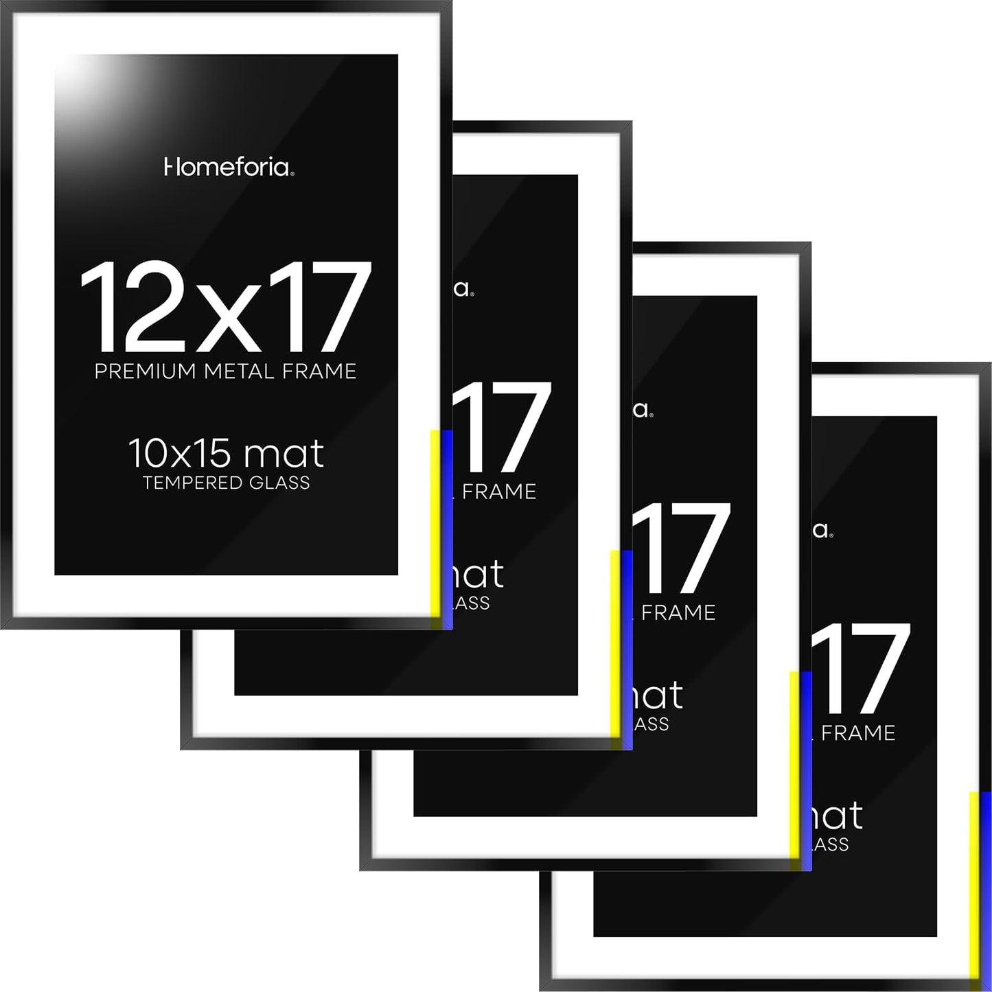 Homeforia 12x17 Picture Frame Black, High End Metal 12x17 Poster Frames with Mat 10x15 for Photo, 12 x 17 Black Frame Matted to 10 x 15 inch Print, 17x12 Thin Frame, Tempered Glass, Wall Kit, Set of 4