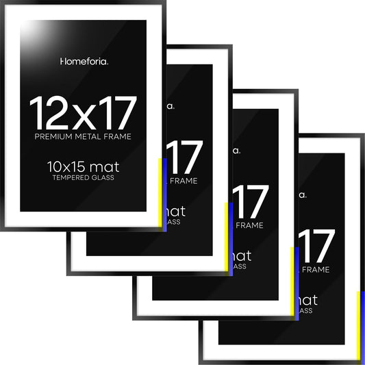 Homeforia 12x17 Picture Frame Black, High End Metal 12x17 Poster Frames with Mat 10x15 for Photo, 12 x 17 Black Frame Matted to 10 x 15 inch Print, 17x12 Thin Frame, Tempered Glass, Wall Kit, Set of 4
