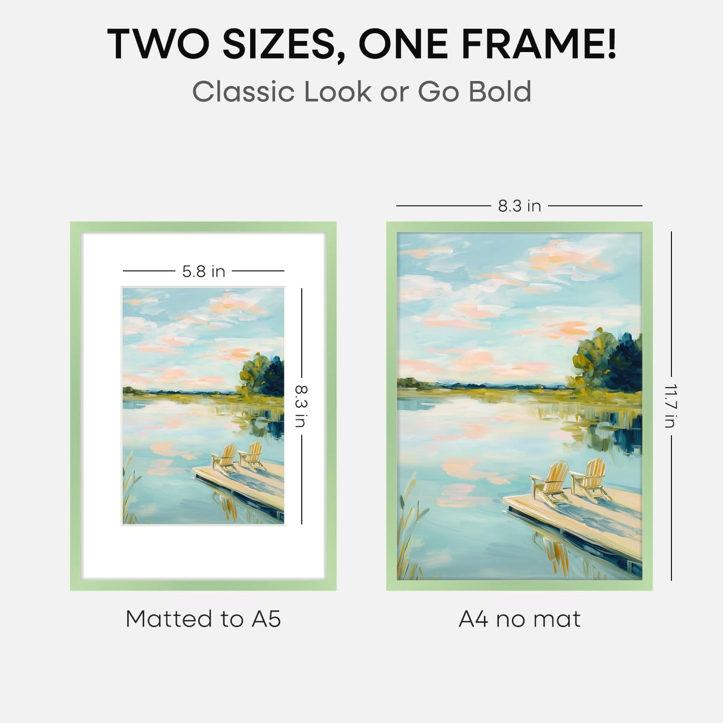 Homeforia A4 Picture Frame Sage Green, High End Metal 8.3 x 11.7 inch Poster Frames with Mat 5.8 by 8.3 Art, A4 Size Frame Matted to A5 Photo, 8.3x11.7 Wall or Tabletop Frame, Tempered Glass, Set of 1