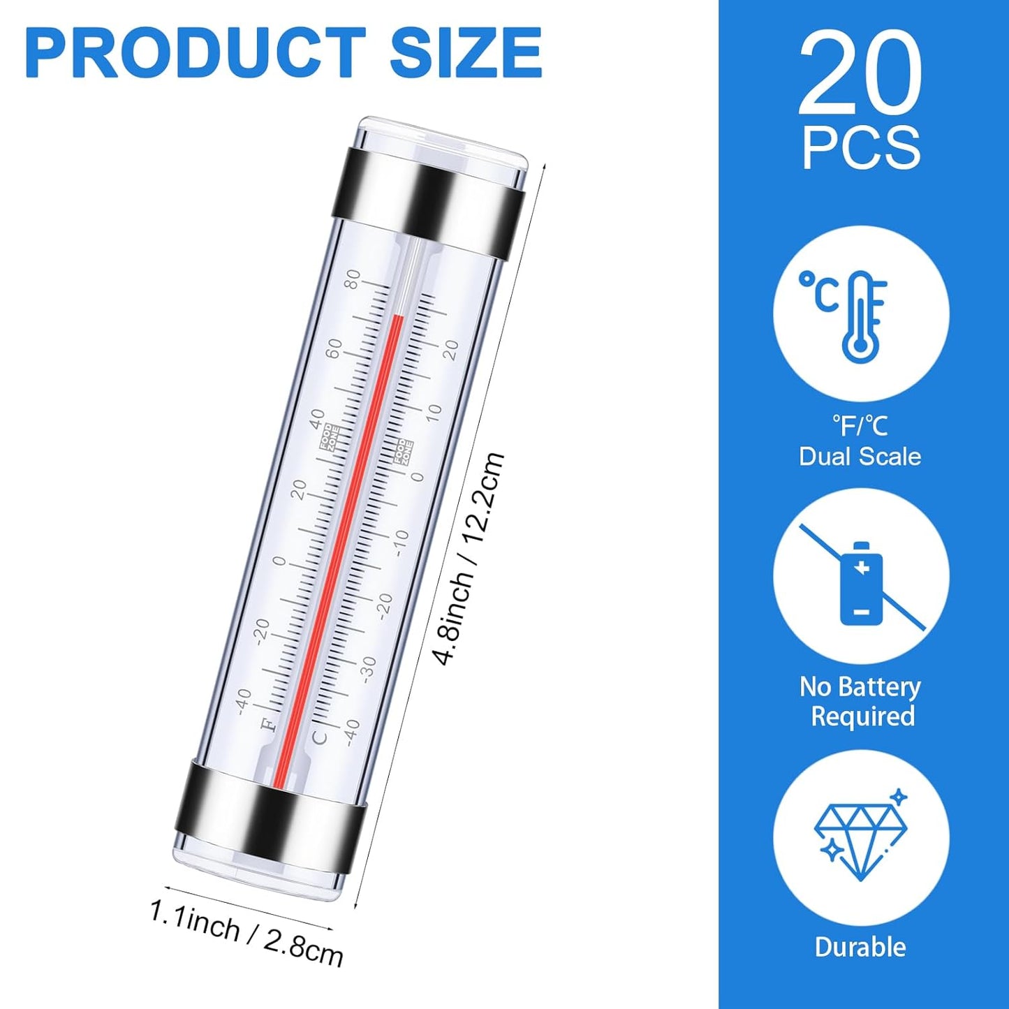 20 Pack Refrigerator Fridge Thermometer, Thermometer for Freezer Cooler, Dual-Scale -40~80°F/-40~27°C Temperature Range, Hanging Thermometers for Refrigerator Fridge, Freezer Temperature Monitor