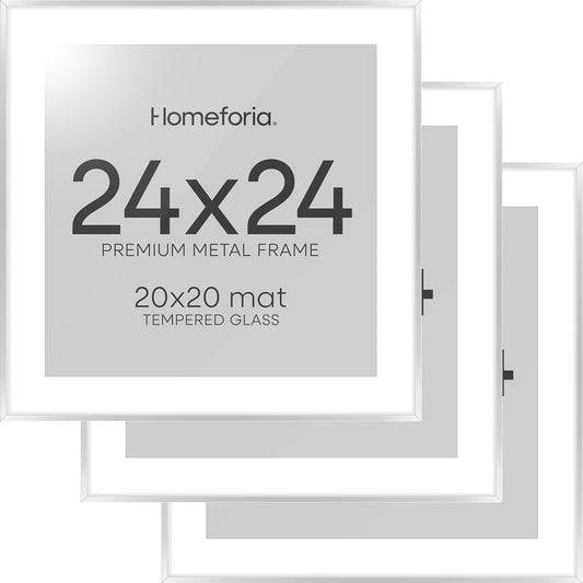 Homeforia 24x24 Silver Picture Frame, High End Metal 24 x 24 Large Square Silver Frames with Mat 20 by 20 inch Photo, 24by24 Thin Poster Frame Matted to 20x20 Print, Tempered Glass, Wall Kit, Set of 3