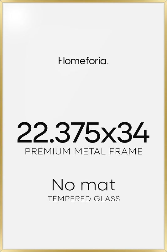 Homeforia 22.375x34 Gold Puzzle Frame, High End Metal 22.375 by 34 Picture Frames without Mat, 34 x 22.375 Thin Poster Frame for Wall, 22.375by34 Puzzle Photo Frame, Tempered Glass, Wall Kit, Set of 1