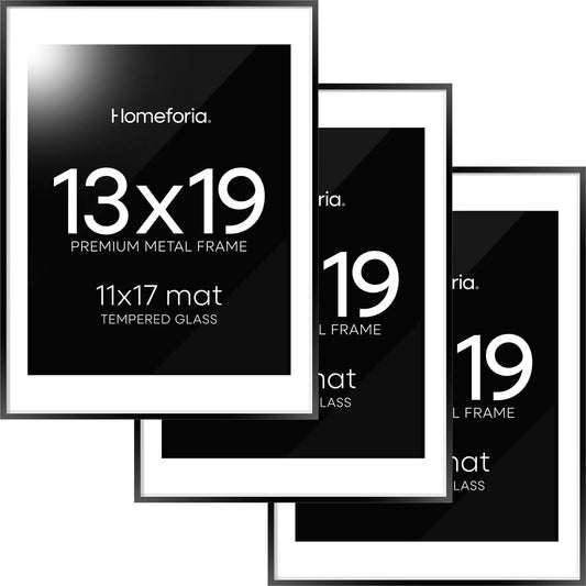 Homeforia 13x19 Picture Frame Black, High End Metal 13 x 19 Poster Frames with Mat 11 x 17 for Photo, 13x19 Black Frame Matted to 11x17 inch Print, 19x13 Thin Frame, Tempered Glass, Wall Kit, Set of 3