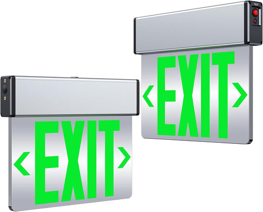 Green Led Edge Lit Exit Sign UL Listed, Brushed Aluminum Housing Double-Sides Mirrored Acrylic Emergency Exit Signs with Battery Backup, AC 120-347V Hardwired Exit Lights, Top/Side/Wall Mount (2 Pack)