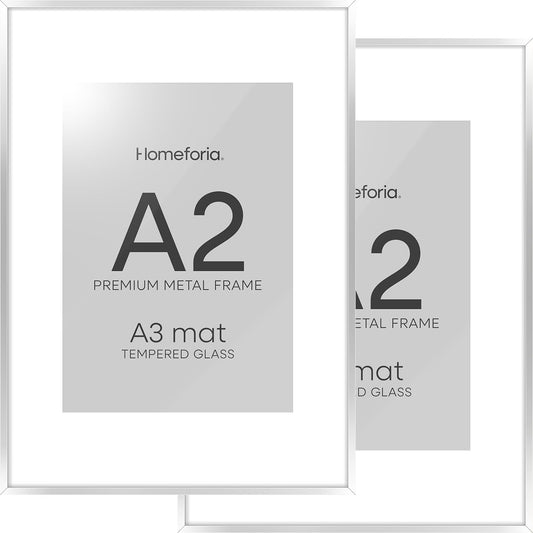 Homeforia A2 Poster Frame Silver, High End Metal A2 Picture Frames Silver with Mat A3 Print, 16.5x23.4 Frames Matted to 11.7x16.5 Photo, 16.5 by 23.5 Hanging Frames, Tempered Glass, Wall Kit, Set of 2
