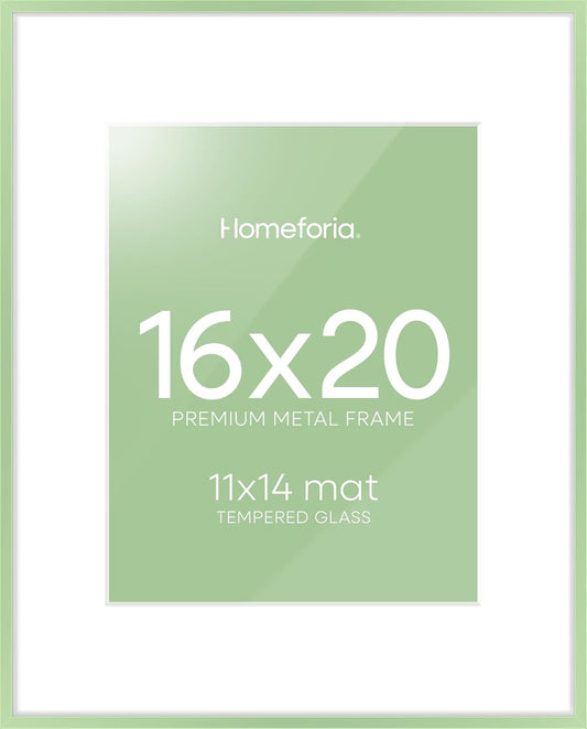 Homeforia 16x20 Sage Green Picture Frame, High End Metal 16x20 Poster Frame with Mat 11x14 inch Photo, 16 x 20 Sage Green Frame Matted to 11 by 14 Art, 20x16 Frame, Tempered Glass, Wall Kit, Set of 1