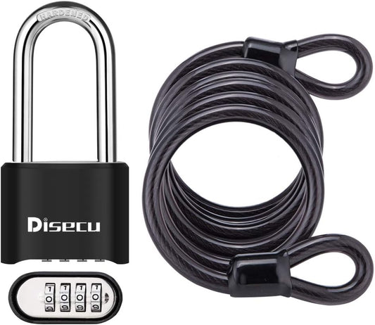 1 Pack disecu Heavy Duty 4 Digit Combination Lock, 2.5 Inch Long Shackle Outdoor Waterproof Padlock with Steel Cable for Bike, Gate, Fence (Black)