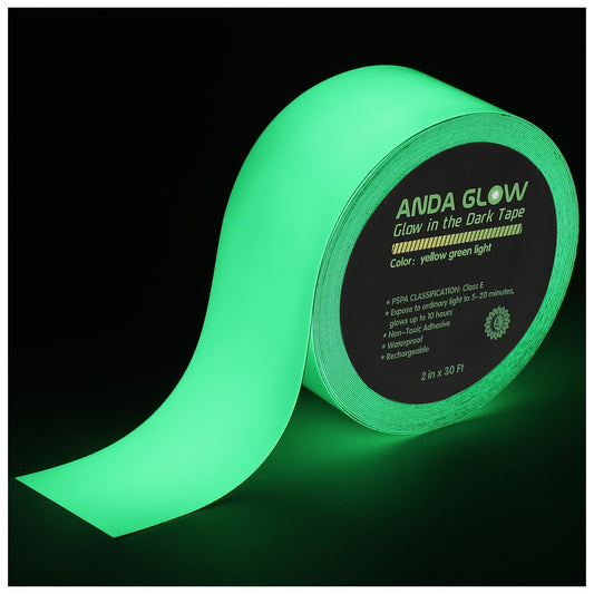 High Brightness Glow in The Dark Tape for Safety Marking, Art Craft DIY, Christmas Deco and Party Accessories. Non-Toxic Adhesive, Waterproof Rechargeable Luminous Tape (2in X 30Ft)
