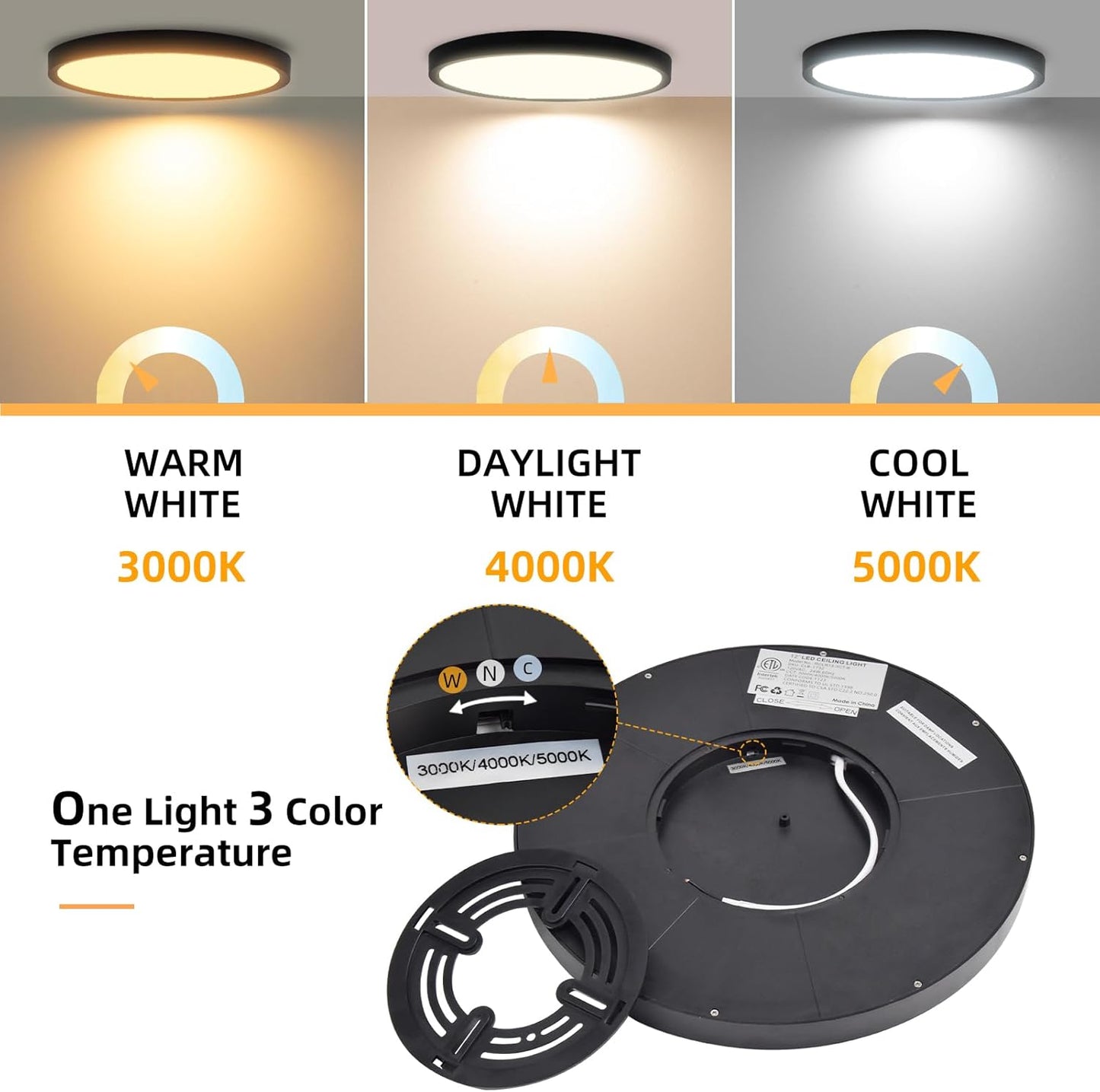 Hlite 4pack 12 inch Flush Mount LED Ceiling Light Fixture,24W 2400LM Super Slim Light Fixtures Ceiling Mount 3000K/4000K/5000K 3CCT Selectable,Light Fixtures for Kitchen,Bedroom (Black)