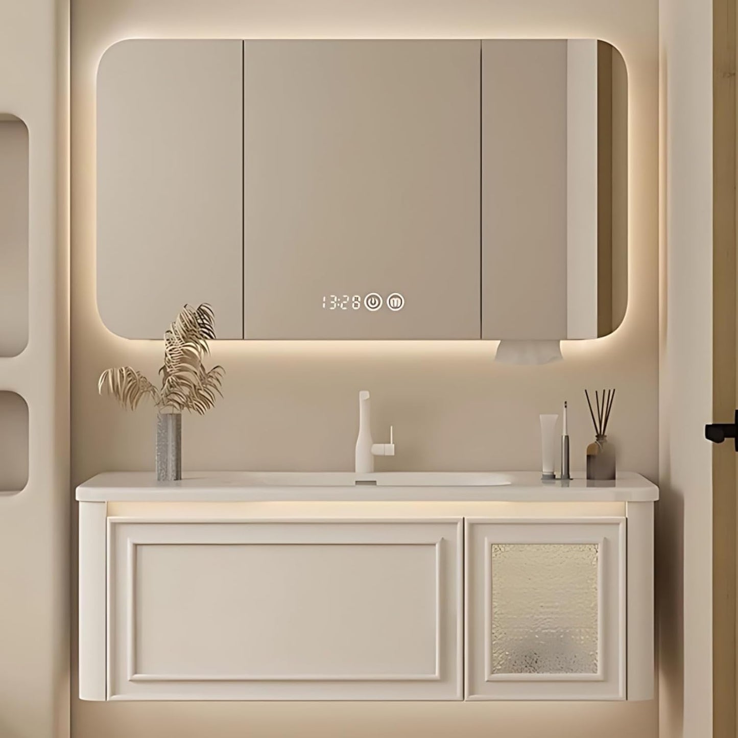 64IN Wall Mounted Bathroom Vanity Set - Wood Bathroom Vanities has Tissue Hole Design | Includes Smart Defogging Mirror Cabinet & Time Display, Rounded Corners, Glass Cabinet Doors (Style A)