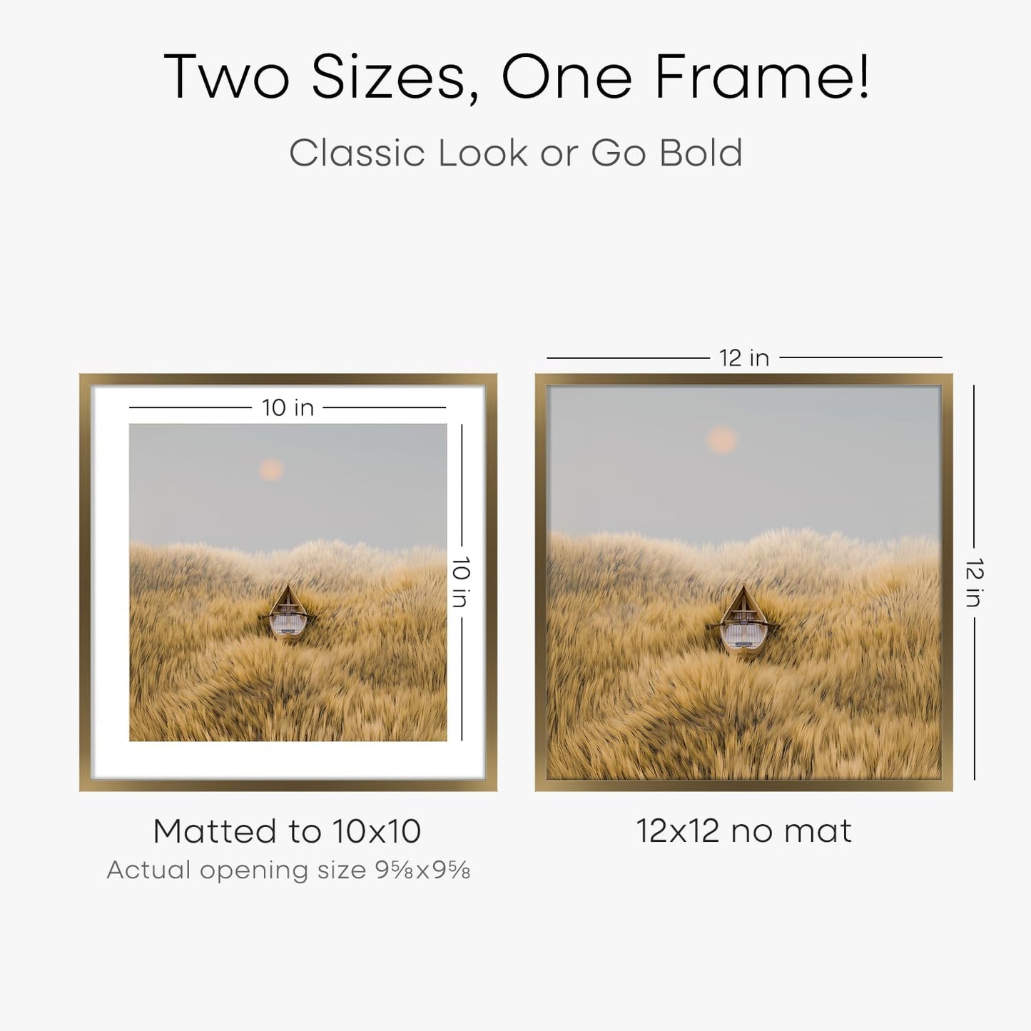 Homeforia 12x12 Picture Frame Bronze, High End Metal 12 x 12 Square Poster Frame with Mat 10 x 10 Photo, 12x12 Brass Frame Matted to 10x10 Print, 12by12 Thin Frames, Tempered Glass, Wall Kit, Set of 4