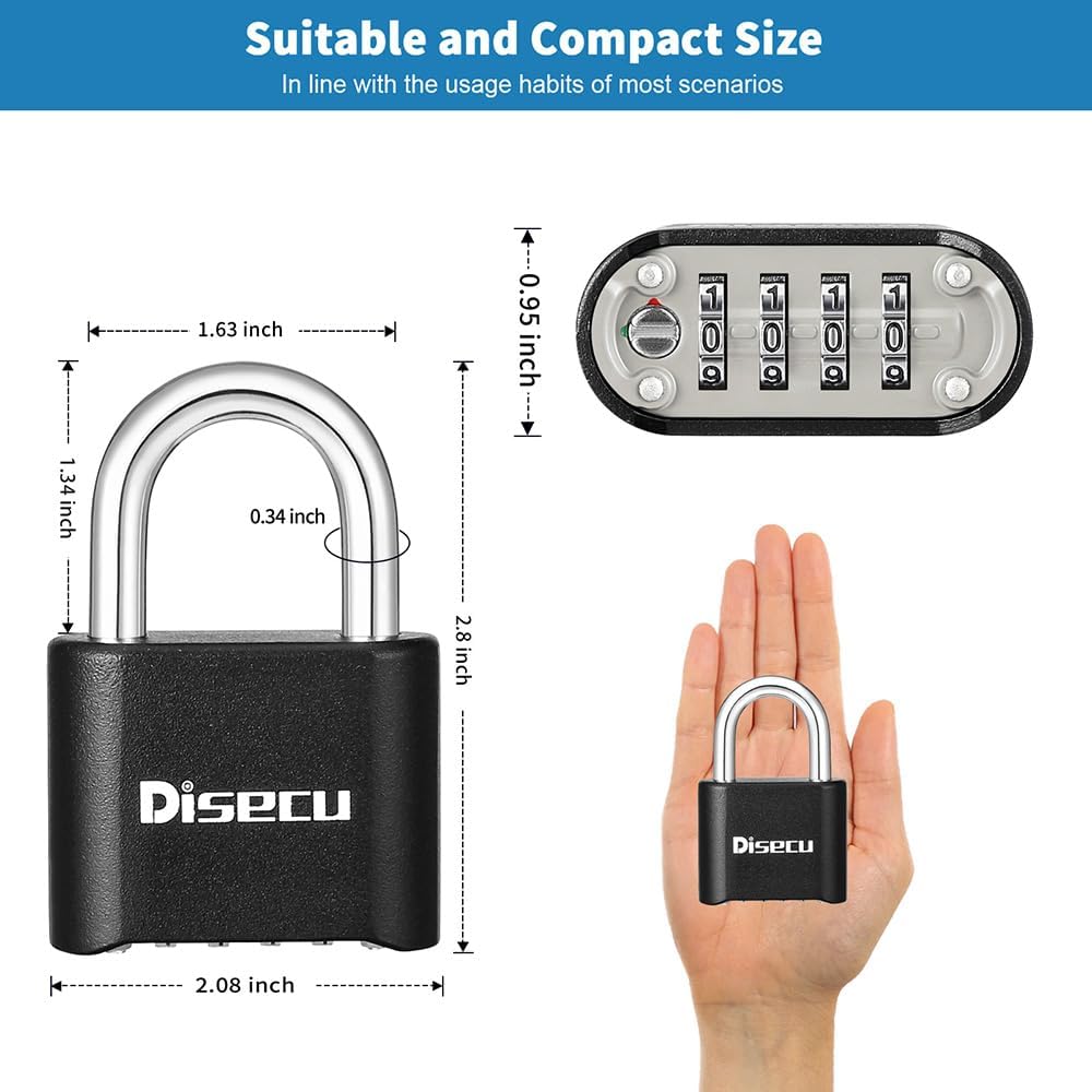 1 Pack disecu Heavy Duty 4 Digit Combination Lock, Anti-Error Feature, Outdoor Waterproof Padlock for School Gym Locker, Fence, Gate, Hasp Storage, Toolbox (Black)