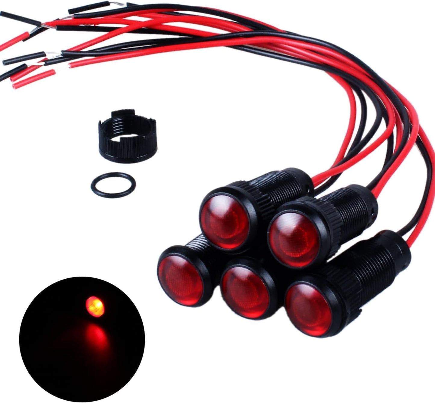 5pcs 10mm LED Indicator Light Plastic Black Signal Dot Lamp 110-220V AC 2/5" Mounting Hole Size with 15cm/5.9in. Wire (Red LED)