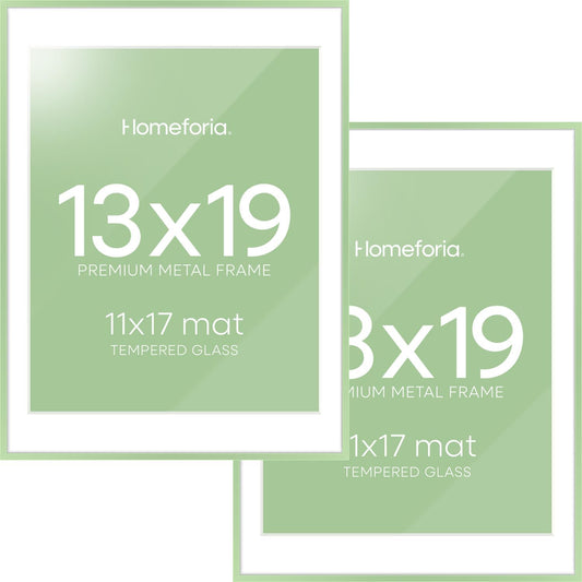 Homeforia 13x19 Picture Frame Sage Green, High End Metal 13x19 Poster Frames with Mat 11x17 inch Photo, 13 x 19 Sage Green Frame Matted to 11 by 17 Art, 19x13 Frame, Tempered Glass, Wall Kit, Set of 2