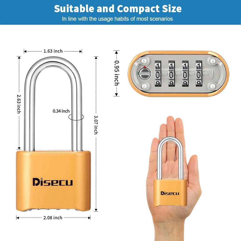1 Pack disecu Heavy Duty 4 Digit Combination Lock, Anti-Error Feature, 2.5 Inch Long Shackle Outdoor Waterproof Padlock for School Gym Locker, Fence, Gate, Toolbox (Brass)