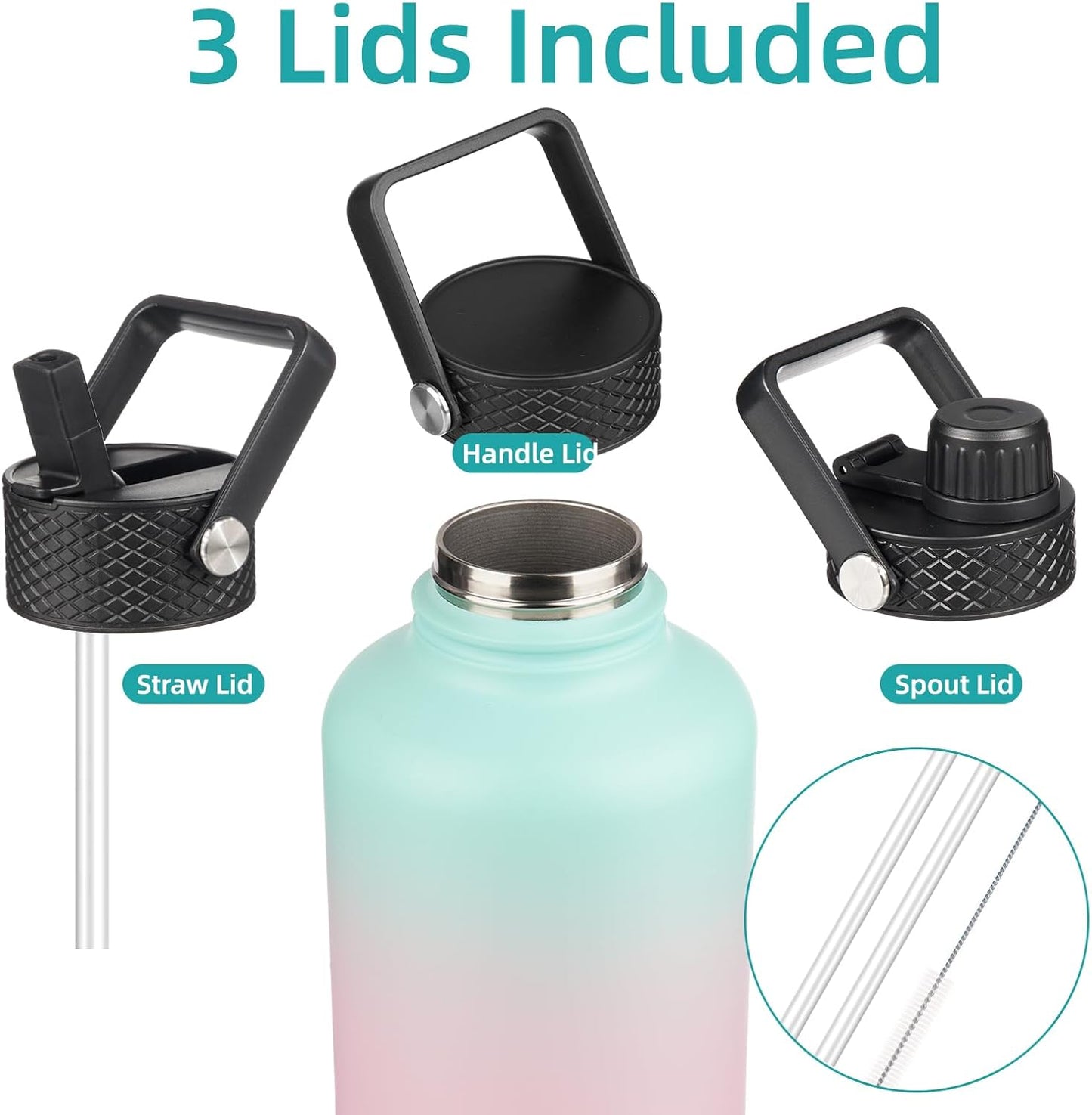 Half Gallon Insulated Water Bottle with Straw,64 oz 3 Lids Water Jug with Carrying Bag,Paracord Handle,Double Wall Vacuum Stainless Steel Metal Flask,Gum