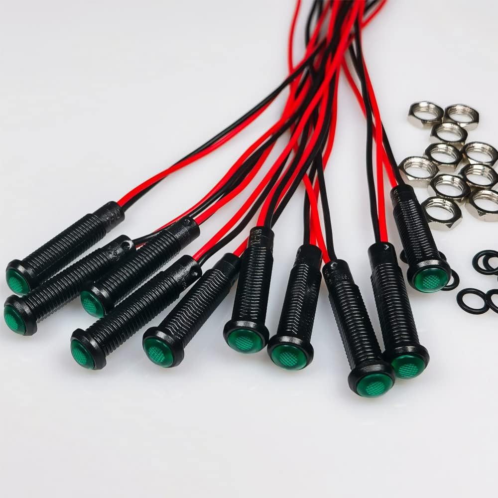 10pcs LED Plastic Indicator Pilot Light AC/DC 12-24V Mounting Hole Size 6mm(Green)