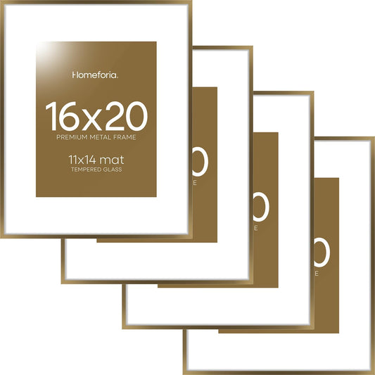 Homeforia Picture 16x20 Bronze Frame, High End Metal 16x20 Brass Poster Frames with Mat 11x14 for Photo, 16 x 20 Frame Matted to 11 by 14 Print, 20x16 Hanging Frames, Tempered Glass, Wall Kit, Set of 4