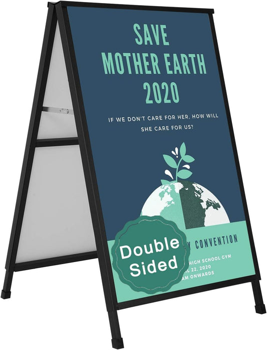 Heavy Duty A-Frame Sidewalk Sign 24 x 36 Inch, Portable Double-Sided Sandwich Board Slide-in Folding Metal Signboard with 2 Plastic Poster Boards