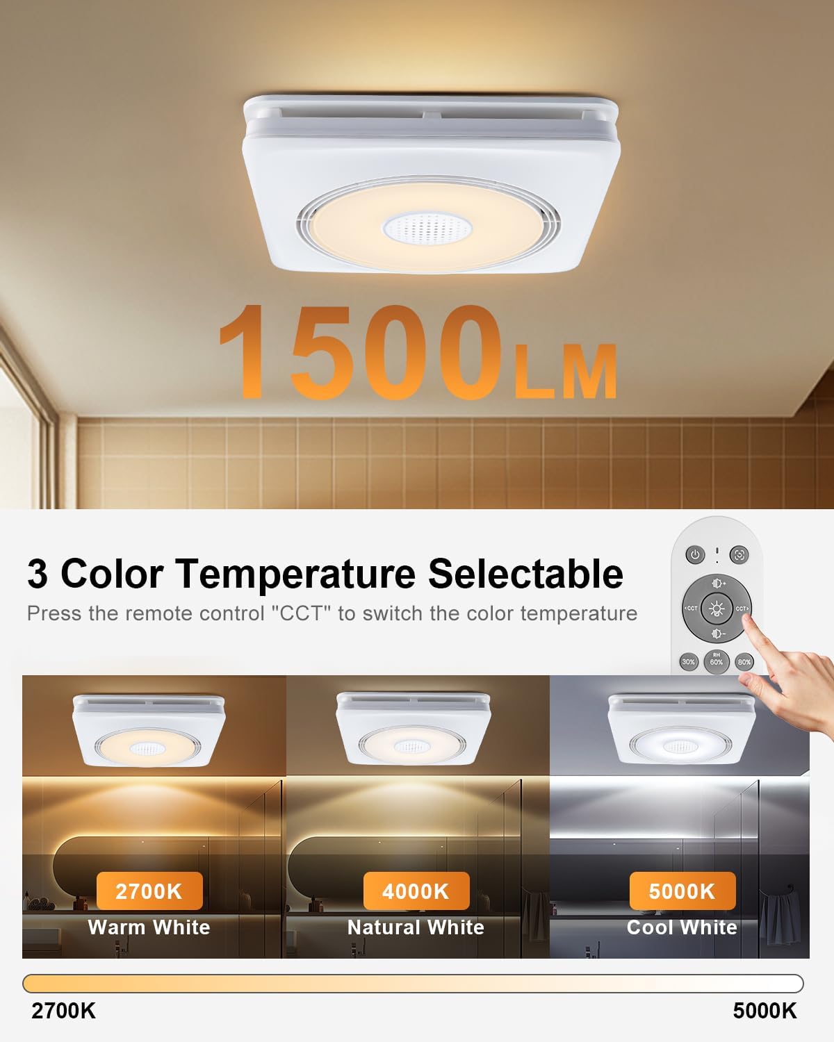 GROWNEER Powerful Oversize Bathroom Exhaust Fan with Light, 40W Bathroom Fan with Humidity Sensor, 110/160 CFM 1.0 Sone Exhaust Fan with Heater, 1800W Heating, 1500lm 2700K/4000K/5000K & Nightlight