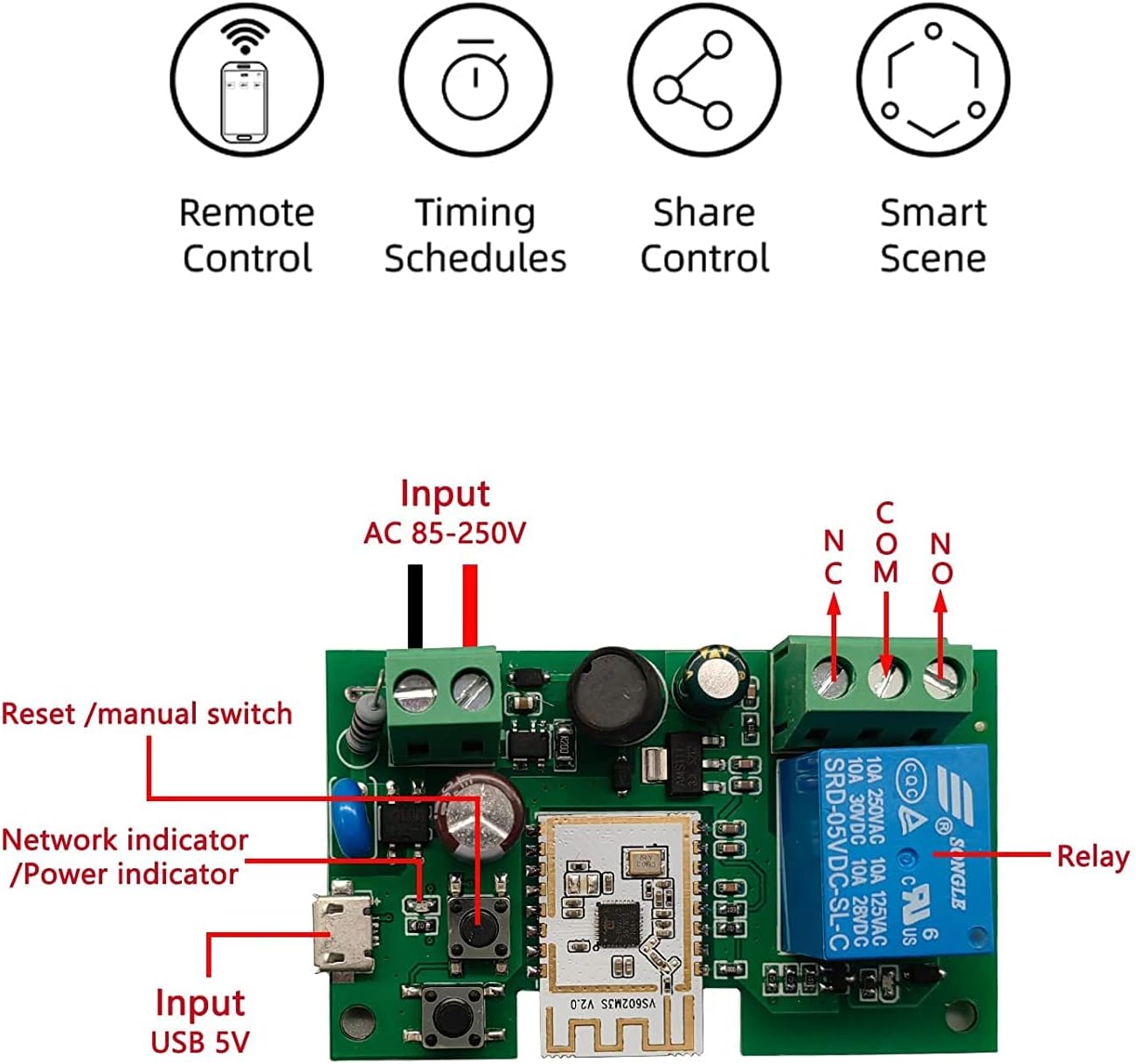 1 Channel Smart WiFi Relay Switching Module USB 5V/AC85V-250V, Supports Bluetooth Control, eWeLink App Remote Control, for Alexa Google Home