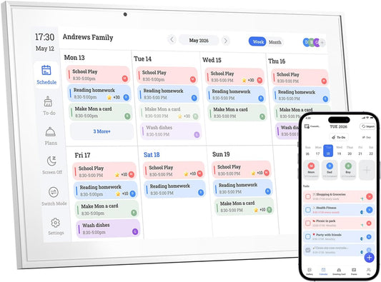 10.1 Inch Digital Calendar & Chore Chart – Interactive Touchscreen Wall Planner, Smart Family Organizer for Family Schedules, Desktop and Wall Mountable, White