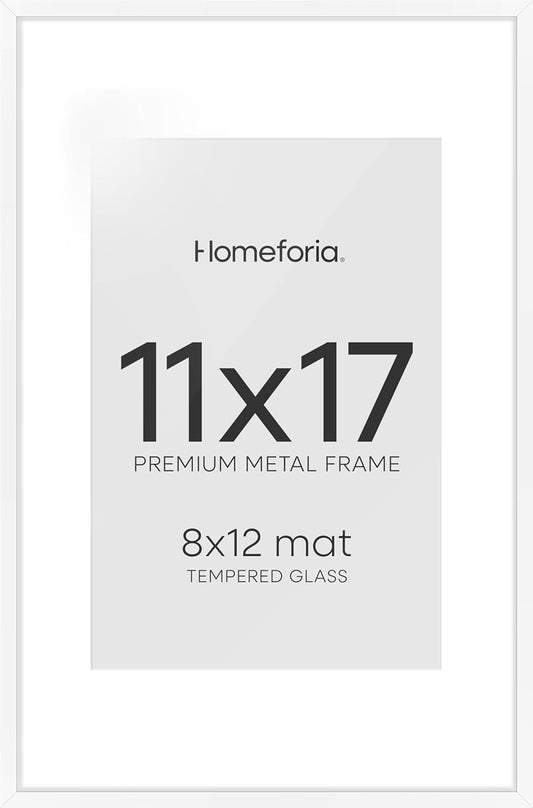 Homeforia 11 x 17 Picture Frame White, High End Metal 11x17 Poster Frames with Mat 8x12 for Photo, 11 x 17 White Frame Matted to 8 x 12 inch Print, 17x11 Thin Frame, Tempered Glass, Wall Kit, Set of 1