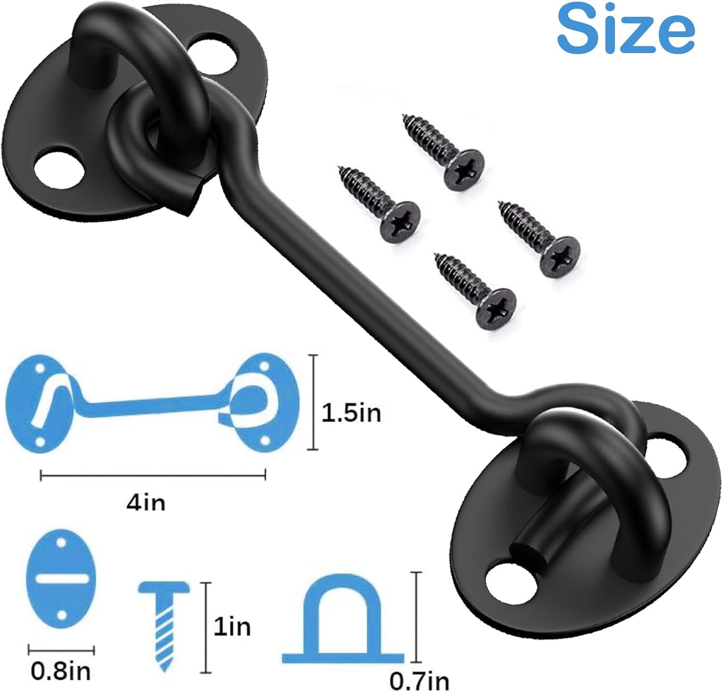 2 Pack Barn Door Latch Lock 3" Black Hook and Eye Latch with Screws, Rust-Resistant Metal Gate Latch for Window, Cabin Hooks, Sliding Door, Bathroom, Bedroom