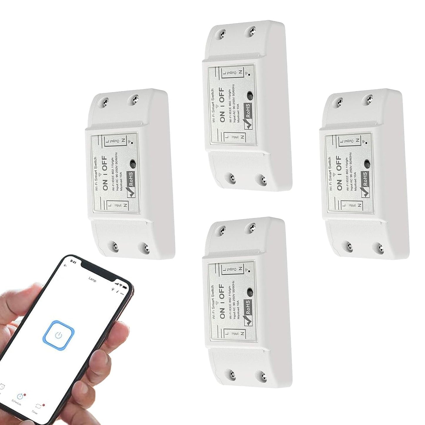 10A Wireless Smart Switch, Wi-Fi Light Switch Compatible with Alexa & Google Home & SmartThings, FCC Certified, No Hub Required Support DIY Module(4 Pack)