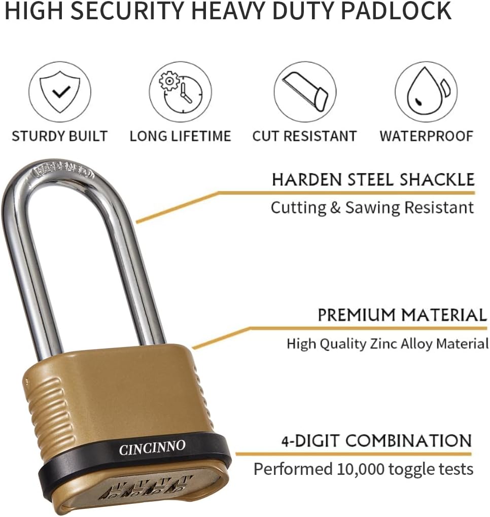 Heavy Duty Combination Lock, 4-Digit Combo Lock with Long Shackle,Weatherproof Combination Padlock for Outdoor Use,4 Pack