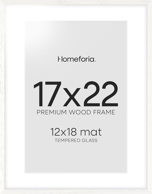 Homeforia 17x22 White Picture Frame, High End Oak 17x22 White Wooden Poster Frames with Mat 12x18 for Print, 17 x 22 Wood Frame Matted to 12 x 18 Photo, 22x17 Frame, Tempered Glass, Wall Kit, Set of 1