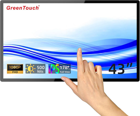 GreenTouch 43 Inch Industrial Digital Signage Touchscreen Monitor, 500 Nits Display 1920 x 1080P, Built-in Speaker, with HDMI + VGA + DVI Ports for Advertising