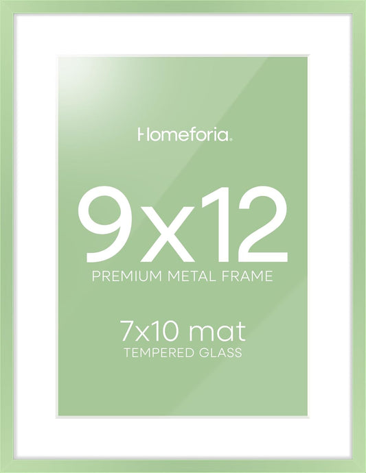 Homeforia 9x12 Sage Green Frame, High End Metal 9 x 12 Picture Frame with Mat 7 by 10 inch Photo, 9by12 Poster Frame Matted to 7x10 Art, 12x9 Wall or Tabletop Frame, Tempered Glass, Wall Kit, Set of 1