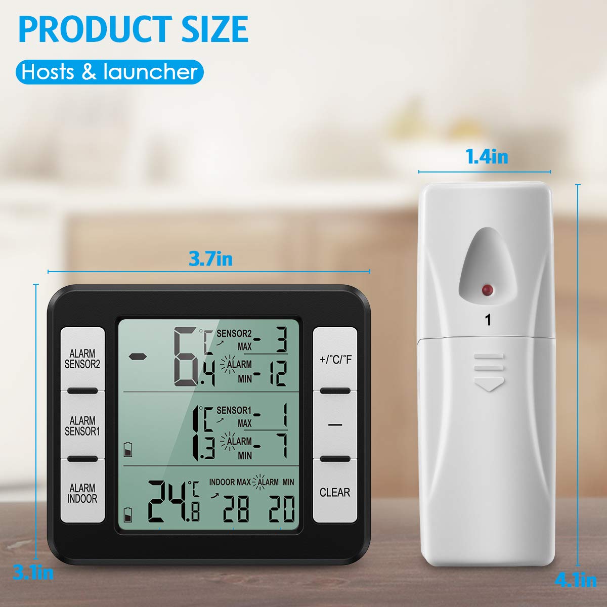 (New Version) AMIR Refrigerator Thermometer, Wireless Indoor Outdoor Thermometer, Sensor Temperature Monitor with Audible Alarm Temperature Gauge for Freezer Kitchen Home (Battery not Included)