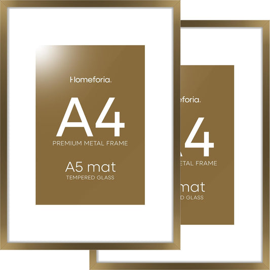 Homeforia A4 Picture Frame Bronze, High End Metal 8.3 x 11.7 inch Brass Poster Frames with Mat 5.8 by 8.3 Print, A4 Frames Matted to A5 Photo, 8.3x11.7 Wall or Tabletop Frame, Tempered Glass, Set of 2